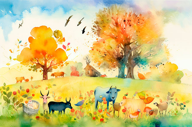 Fotomural o papel pintado animales granja acuarela