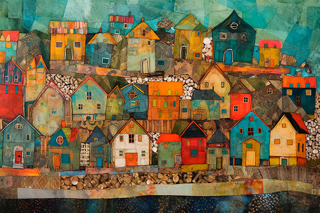 Fotomural o papel pintado ilustracion casas colores