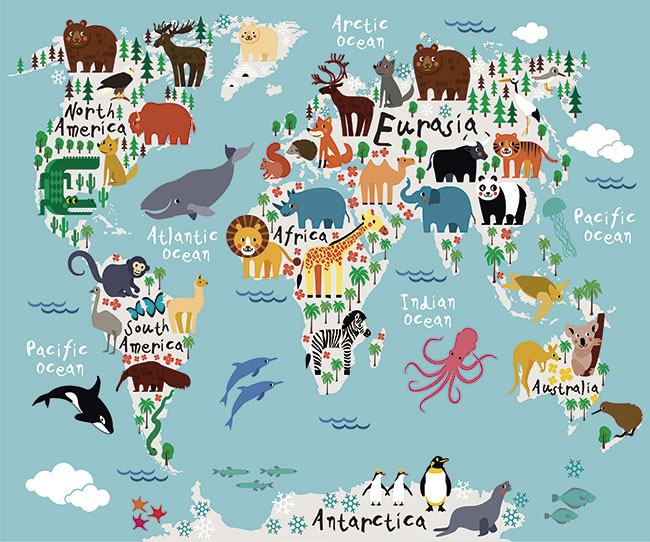Fotomural mapamundi infantil ilustracion animales