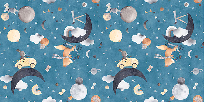 Fotomural o papel pintado acuarela patron animalitos y luna