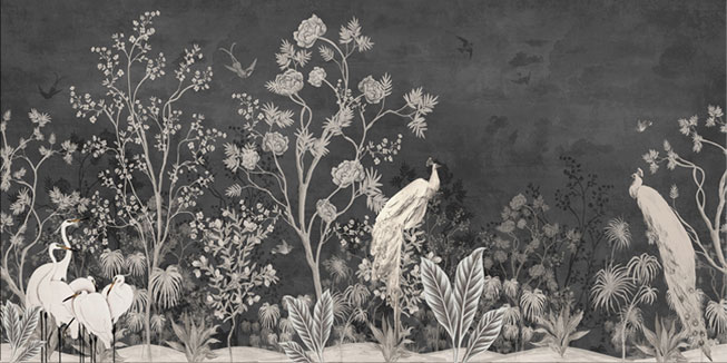 Fotomural o papel pintado dibujo clásico plantas y aves gris
