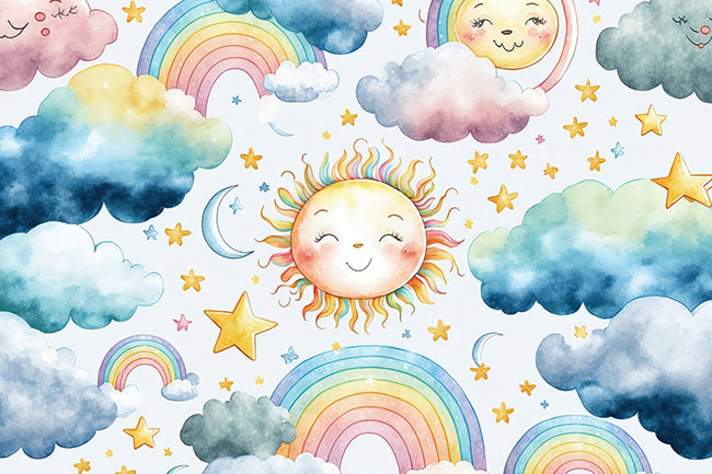 Fotomural o papel pintado infantil arcoiris sol acuarela