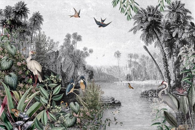 Papel pintado vinilo paisaje lago flores y aves tropicales