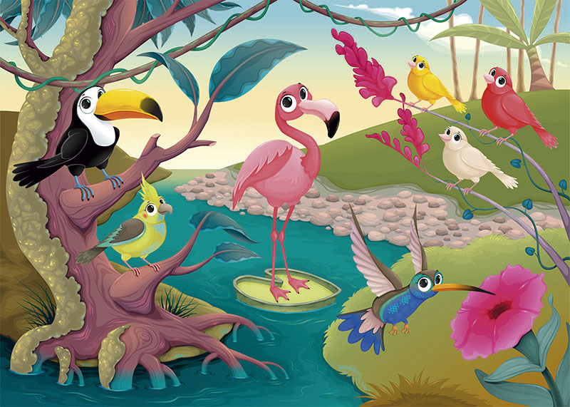 Fotomural Infantil Flameco y pajaros